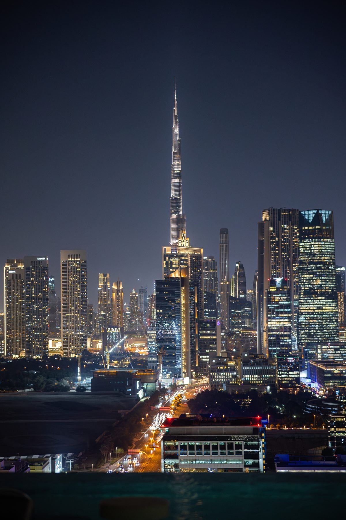 Downtown Dubai skyline at night, filmed by Illumino Media